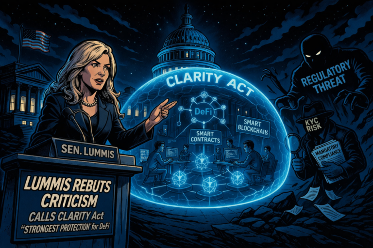 A politician stands before a glowing “CLARITY ACT” shield protecting DeFi from looming regulatory threats.