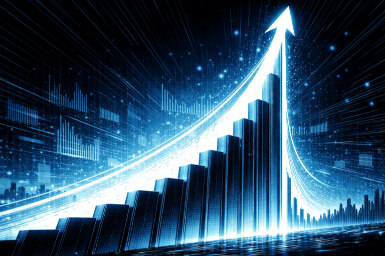 A glowing blue parabolic chart rises sharply into the sky, with towering bars and a bright upward arrow dominating a futuristic digital cityscape.