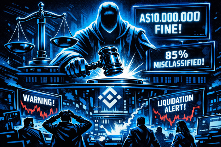 A holographic judge strikes a gavel as crypto screens flash fines and misclassification warnings.