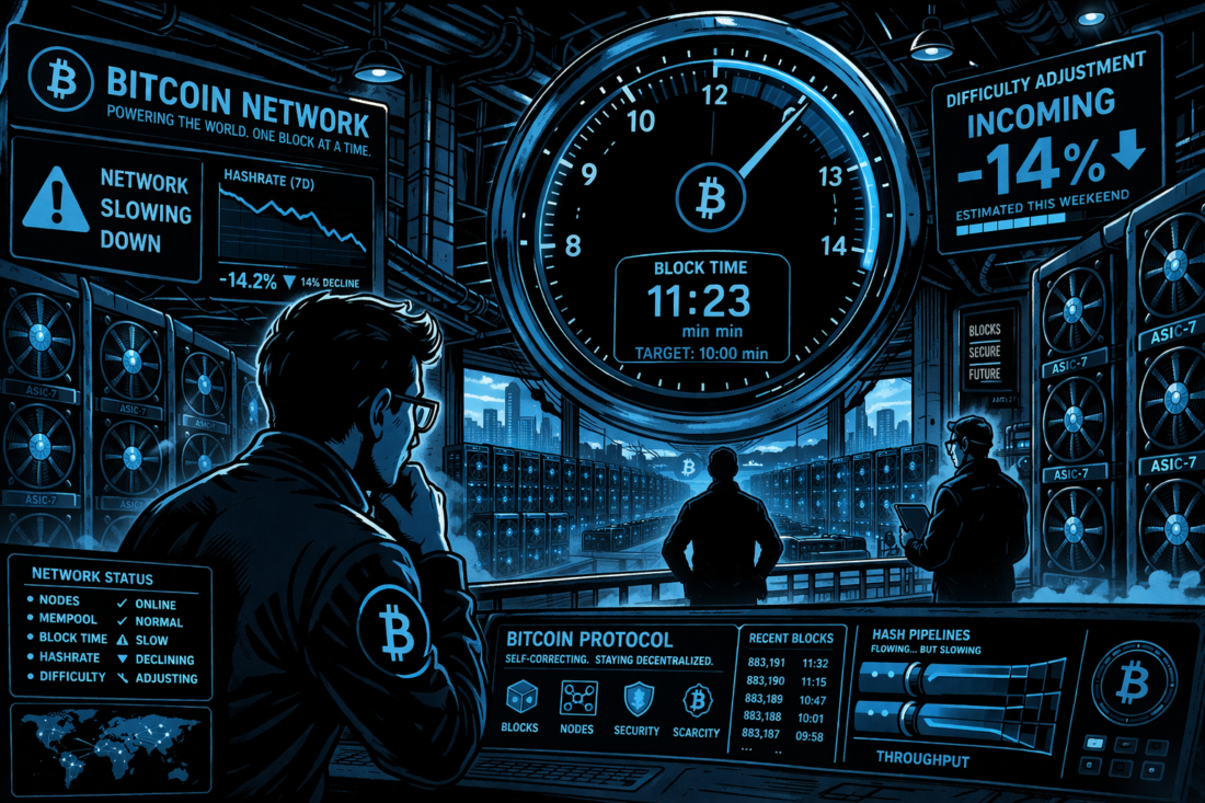 A futuristic mining room shows block times rising past 11 minutes as hashrate declines.