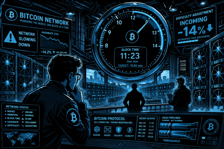 A futuristic mining room shows block times rising past 11 minutes as hashrate declines.
