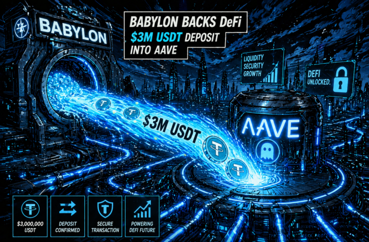 A glowing stream of USDT flows from a Babylon vault into an Aave hub across a neon-blue futuristic city.