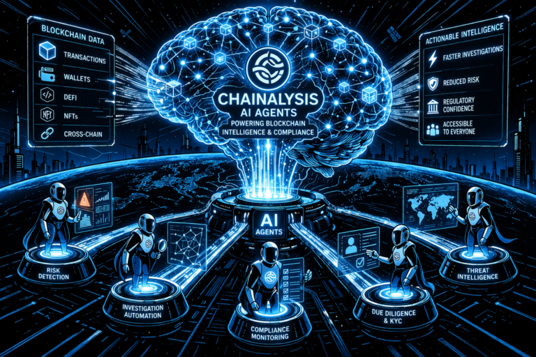 A glowing AI brain analyzes blockchain data with robotic agents.