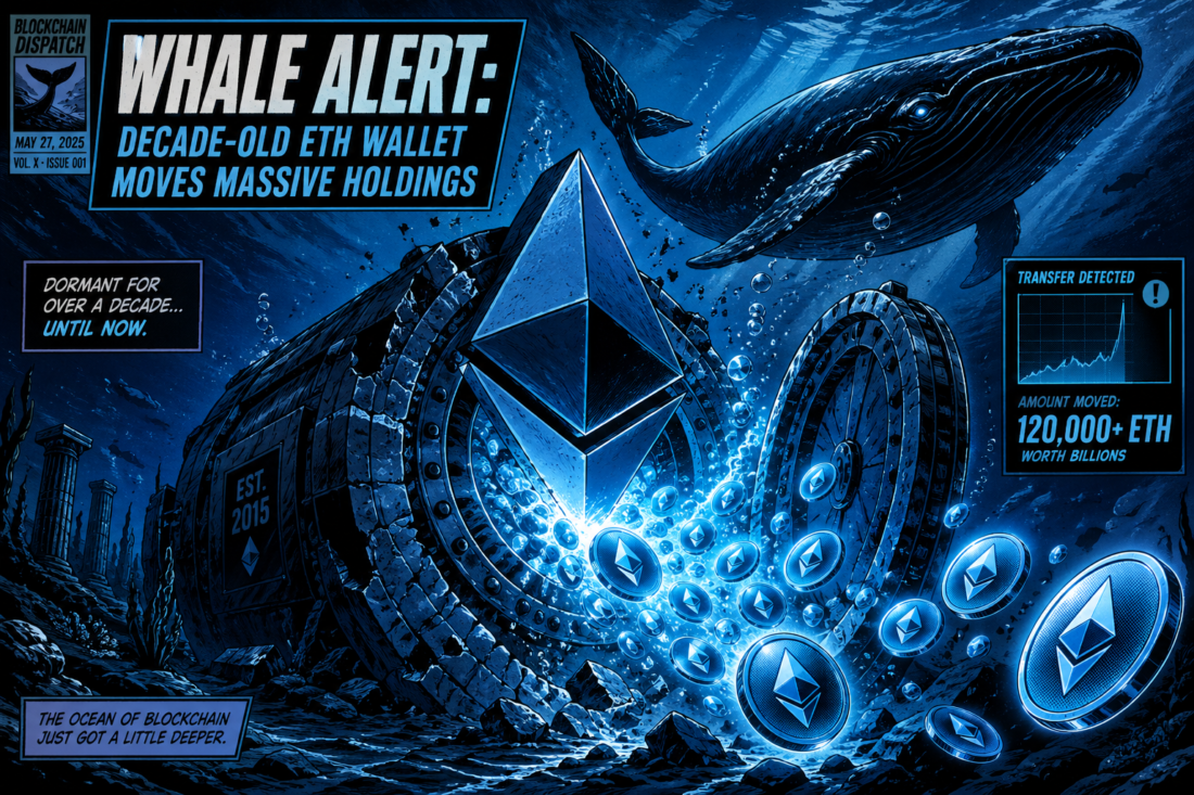 Dormant Ethereum vault beneath the ocean cracks open, releasing glowing ETH as a ghostly whale looms above.
