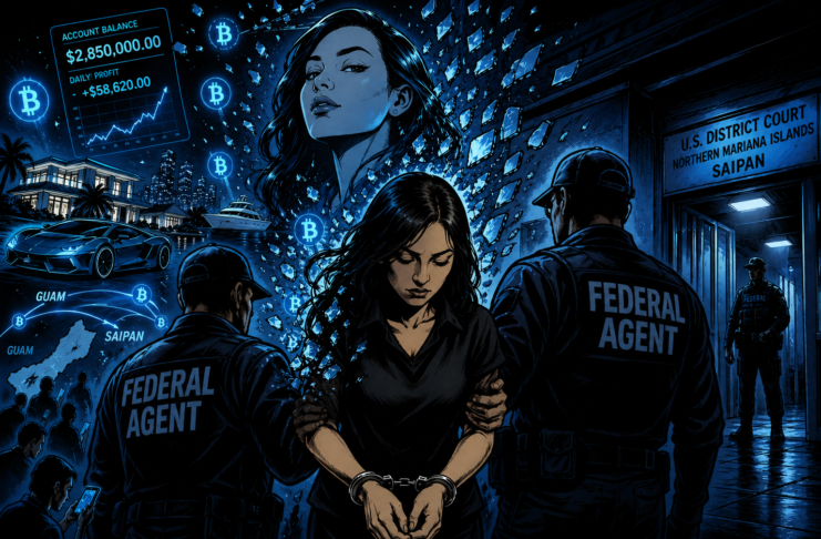 Handcuffed woman escorted by federal agents amid shattered crypto symbols and fading luxury illusions.