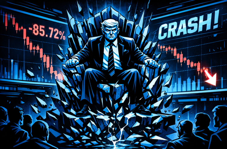 A figure sits on a crumbling chart-throne as markets crash around him.