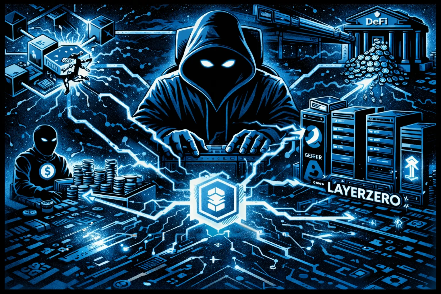 Hooded hacker controlling a glowing blockchain network with connected servers and DeFi systems.