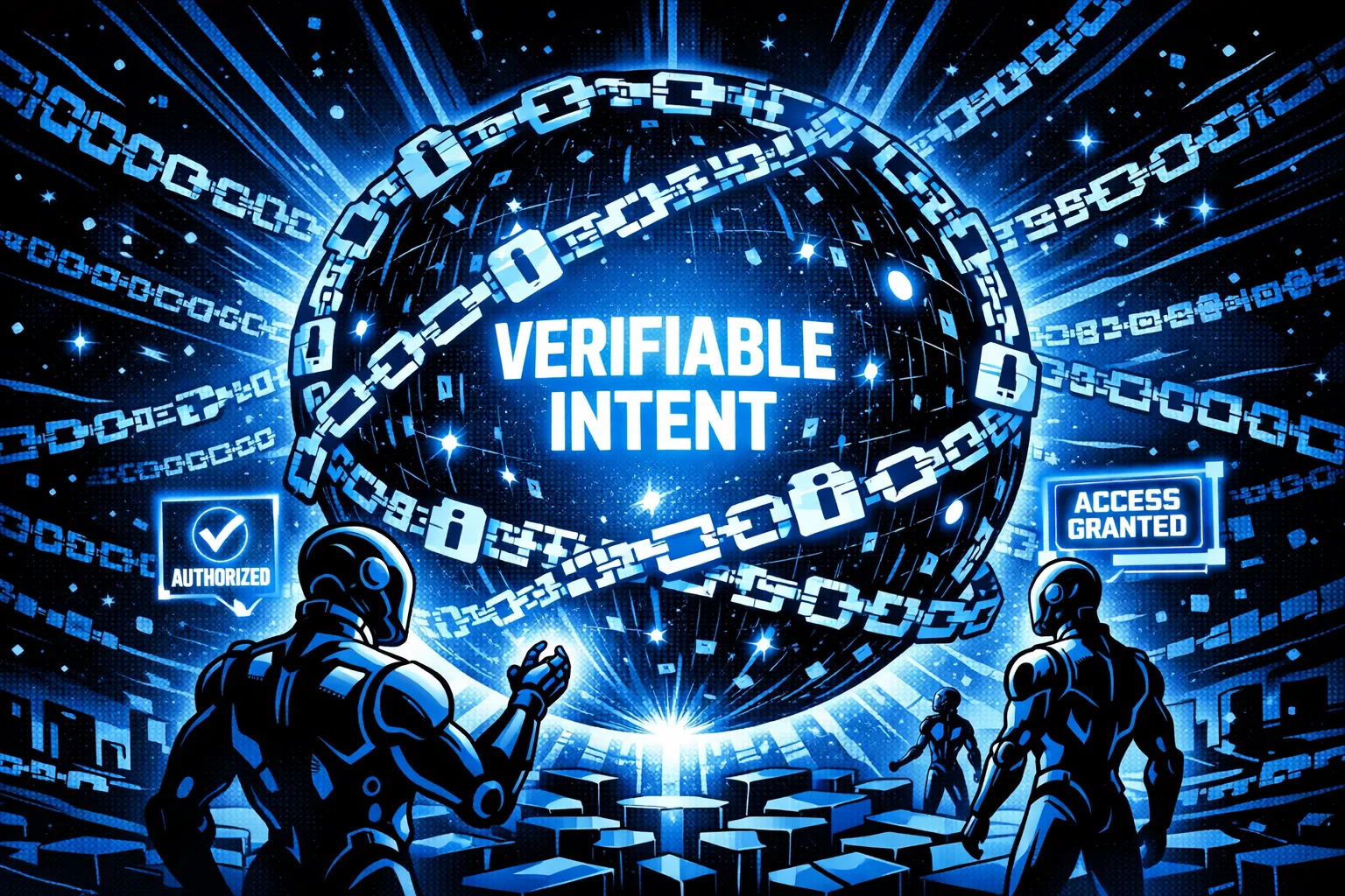 Glowing “Verifiable Intent” sphere with locks and AI agents in a blue-toned comic style.