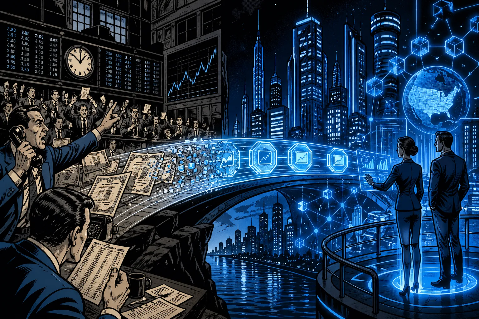 Split scene of a chaotic stock exchange and a sleek digital city linked by a glowing token bridge.