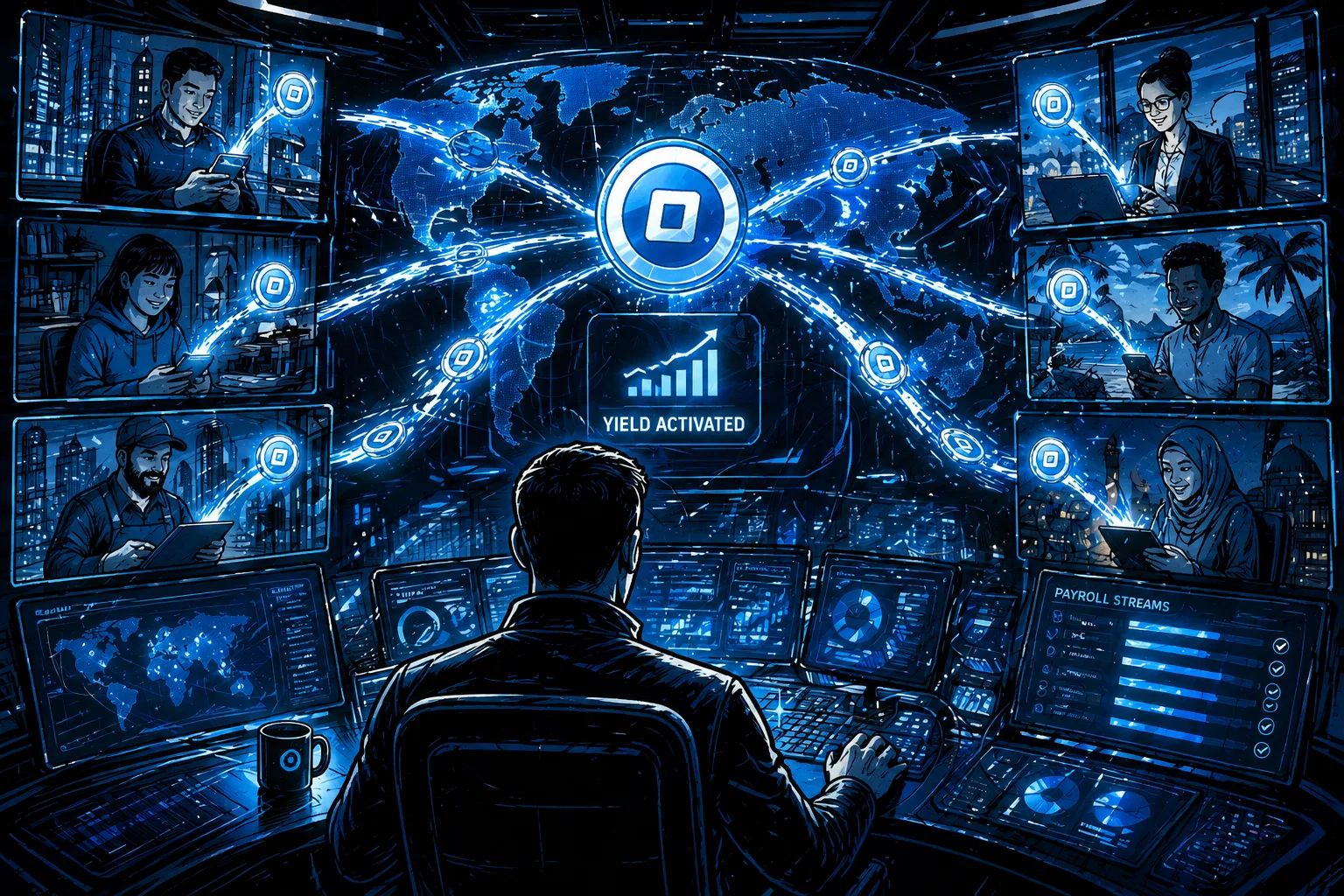 Futuristic control room tracking global stablecoin payroll flows.