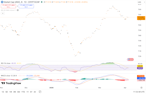 USDC supply cools as momentum weakens near support