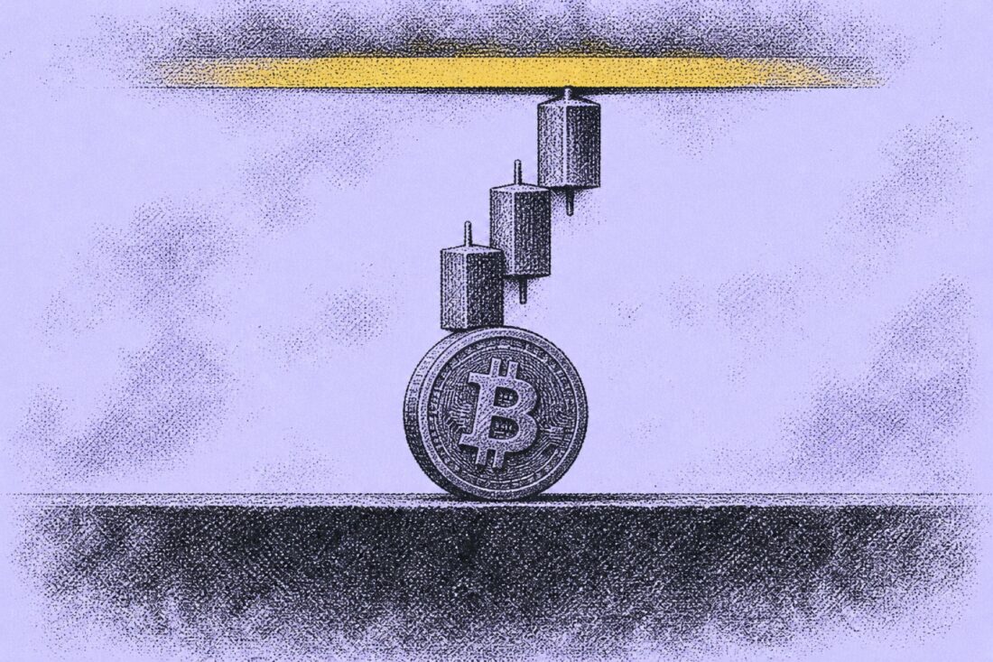 Bitcoin coin pressing upward against a resistance ceiling plate
