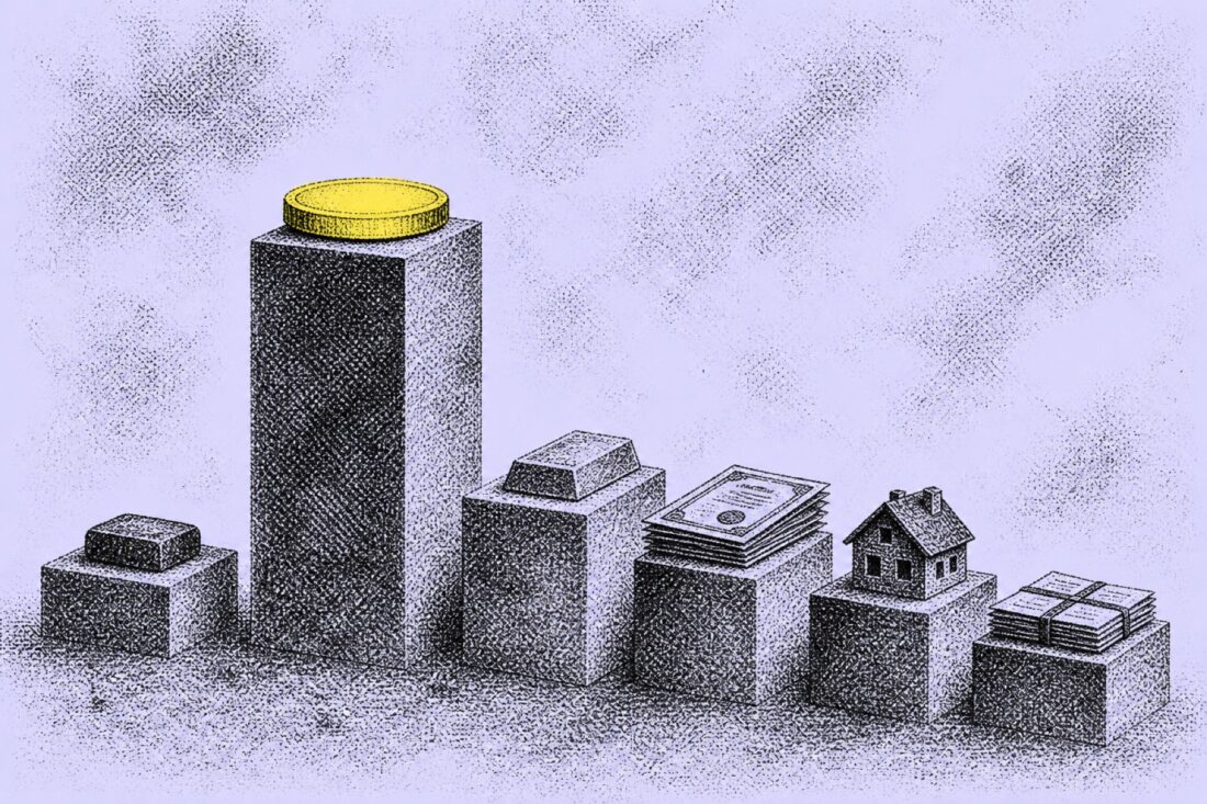 Ranked asset podium with Bitcoin coin on the tallest plinth