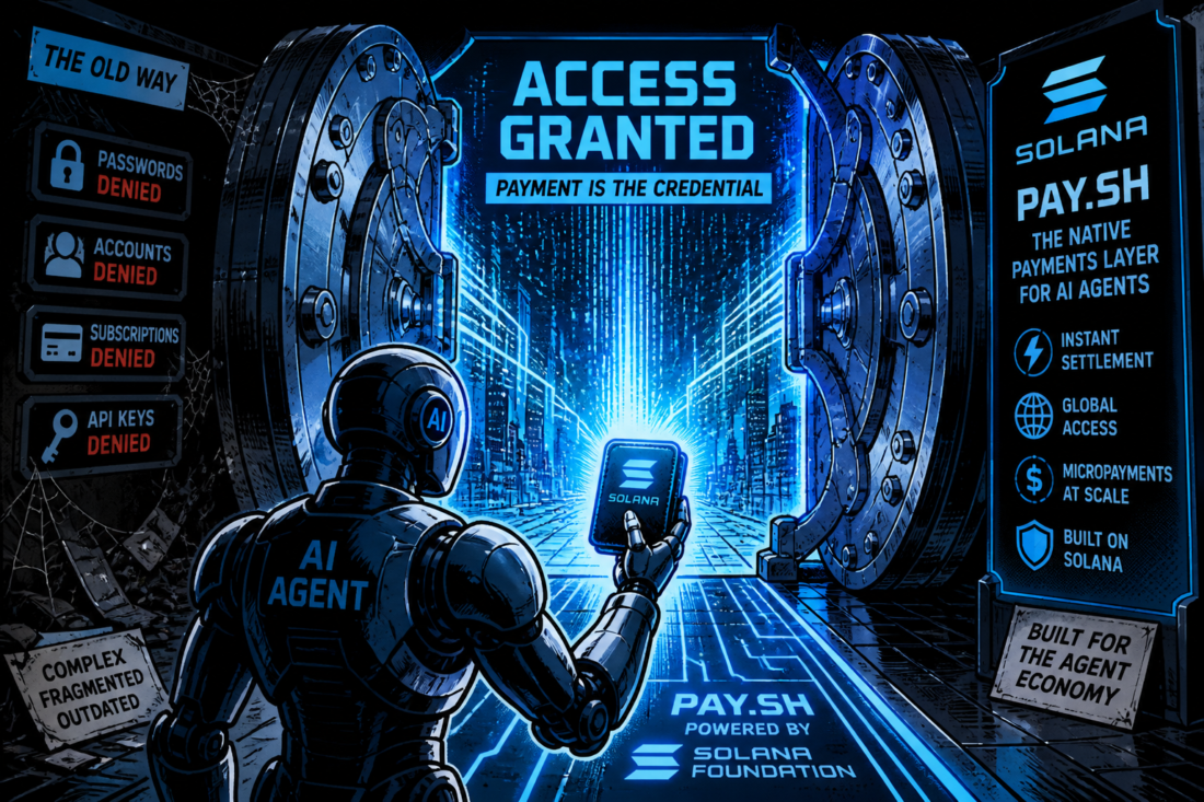 AI agent unlocking a futuristic gate with a glowing digital wallet as payment replaces passwords.