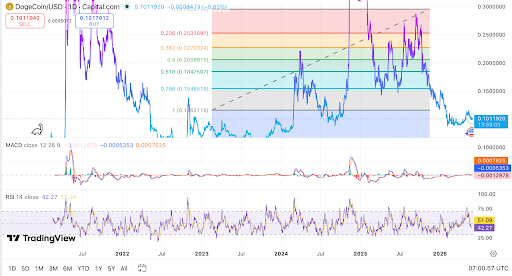 DOGE/USD daily chart shows Fibonacci, MACD, and RSI levels