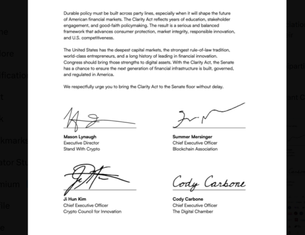More than 200 crypto organizations urged the U.S. Senate to advance the Clarity Act and create clear rules for digital assets.