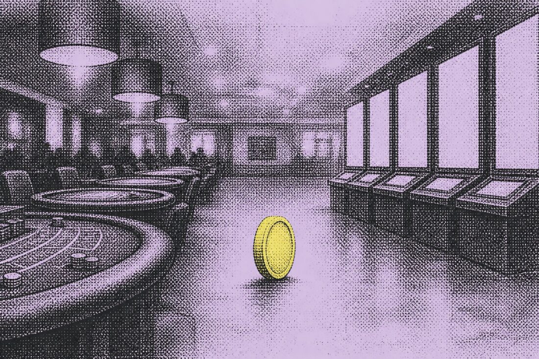 Casino tables and sports betting boards joined by a central token disc