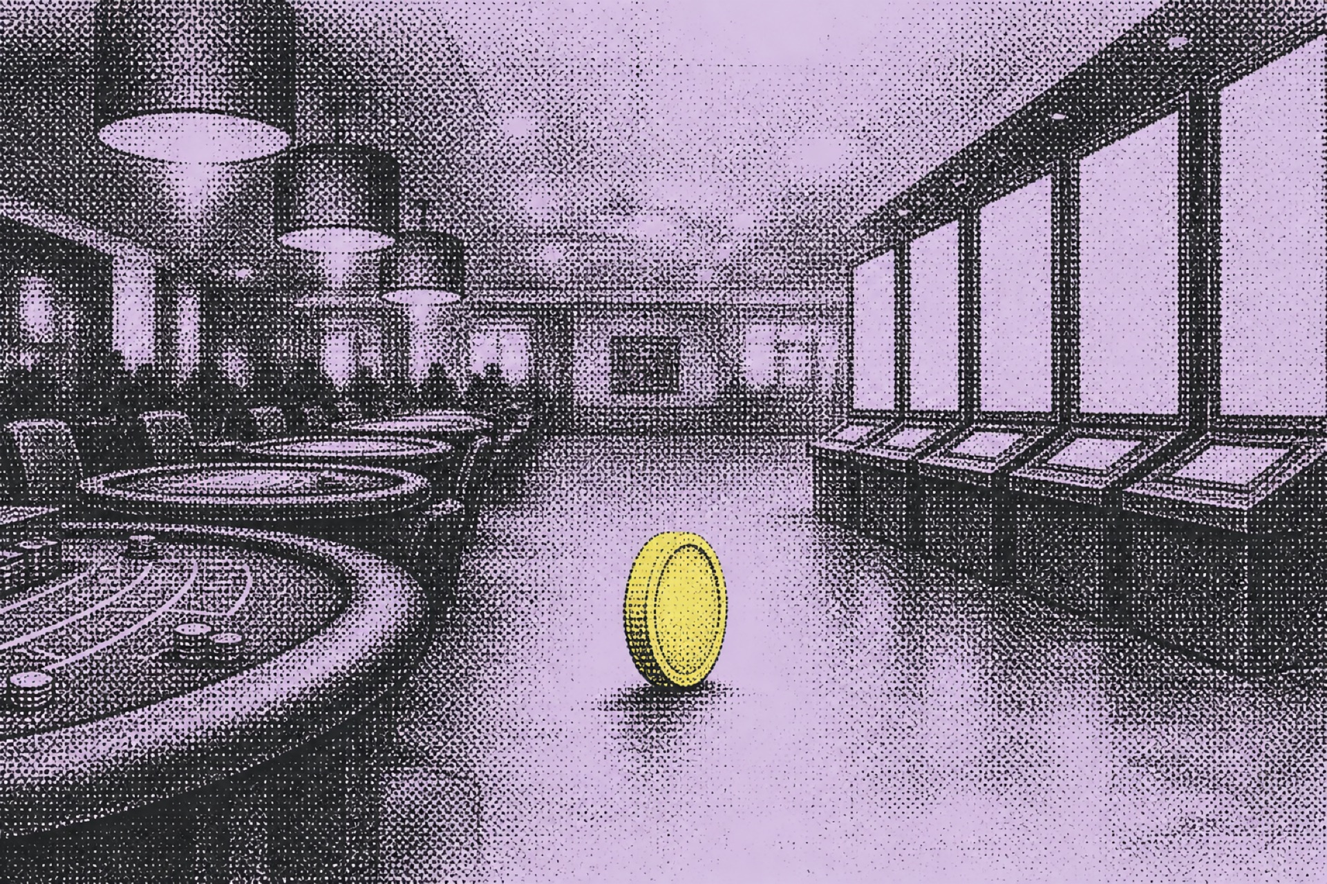 Casino tables and sports betting boards joined by a central token disc