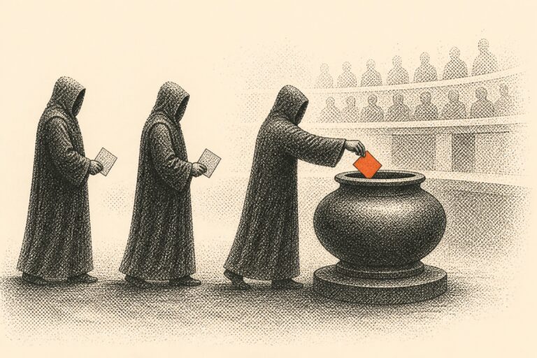 Governance ballot dropped into a communal treasury vessel