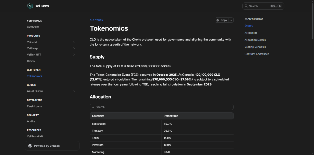 Yei Finance tokenomics supply
