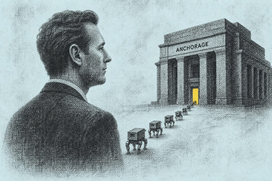 Executive in profile as small autonomous machine agents file into an Anchorage bank doorway