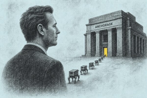 Executive in profile as small autonomous machine agents file into an Anchorage bank doorway