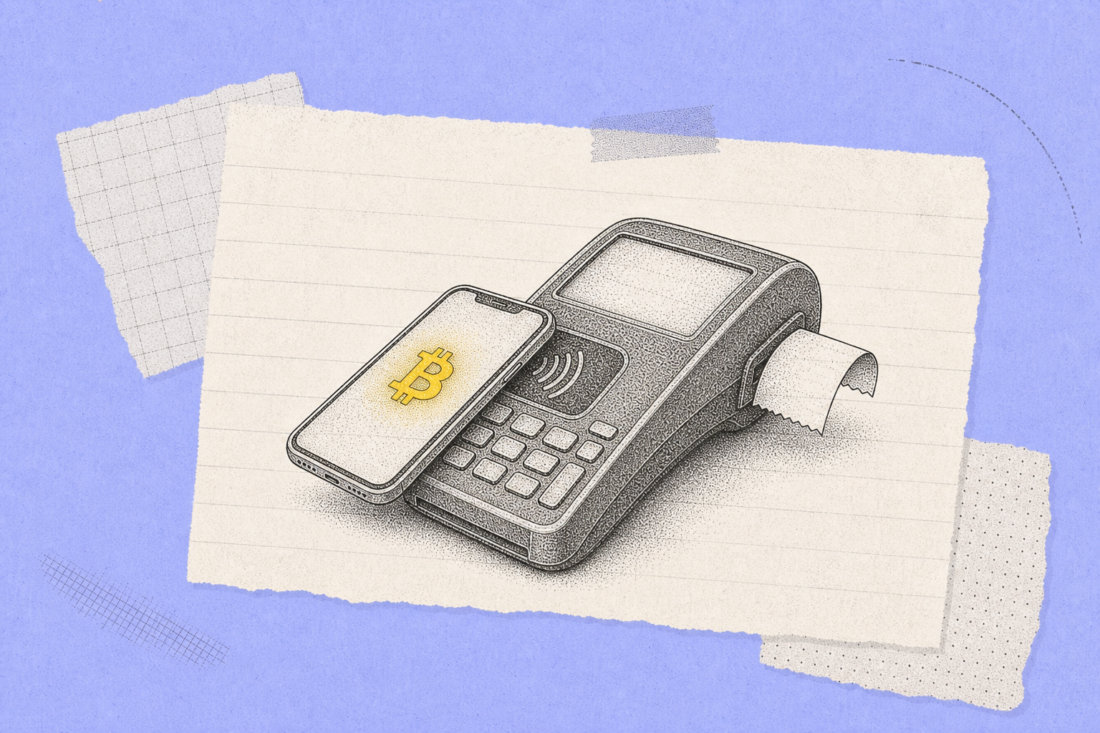 Merchant accepting Bitcoin payment on point-of-sale device screen