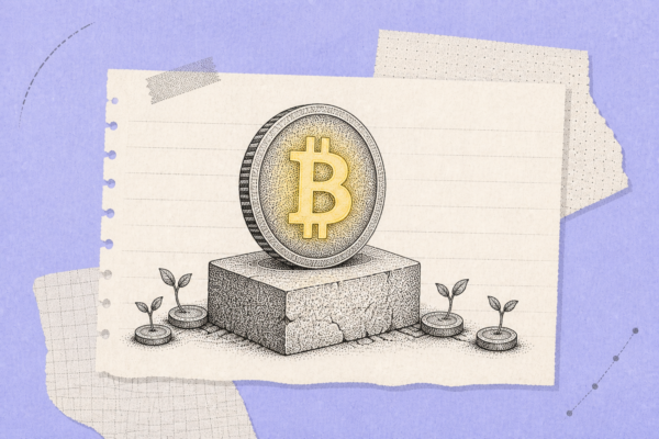 Bitcoin network overview graphic with BTC symbol and hub map