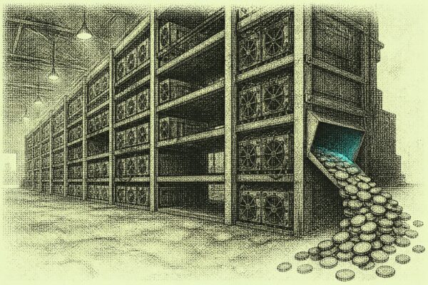 Mining racks discharging coins through an open chute