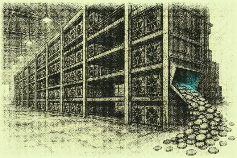 Mining racks discharging coins through an open chute
