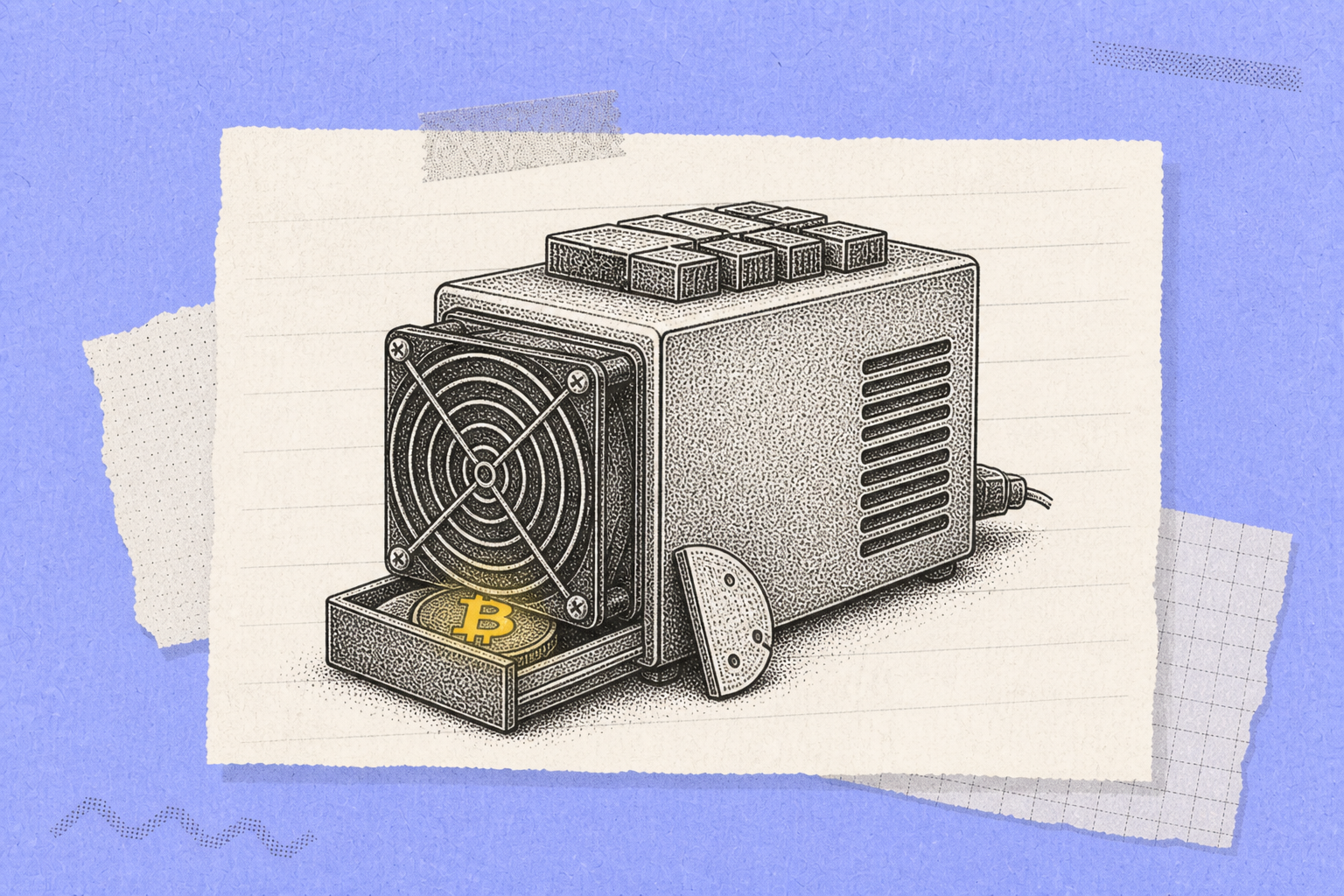 Bitcoin mining rigs with hashrate meter and halfing timeline