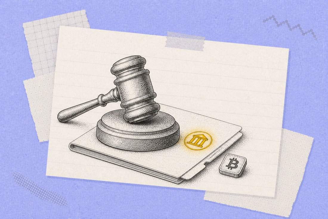 Gavel beside Bitcoin symbol representing regulation and policy
