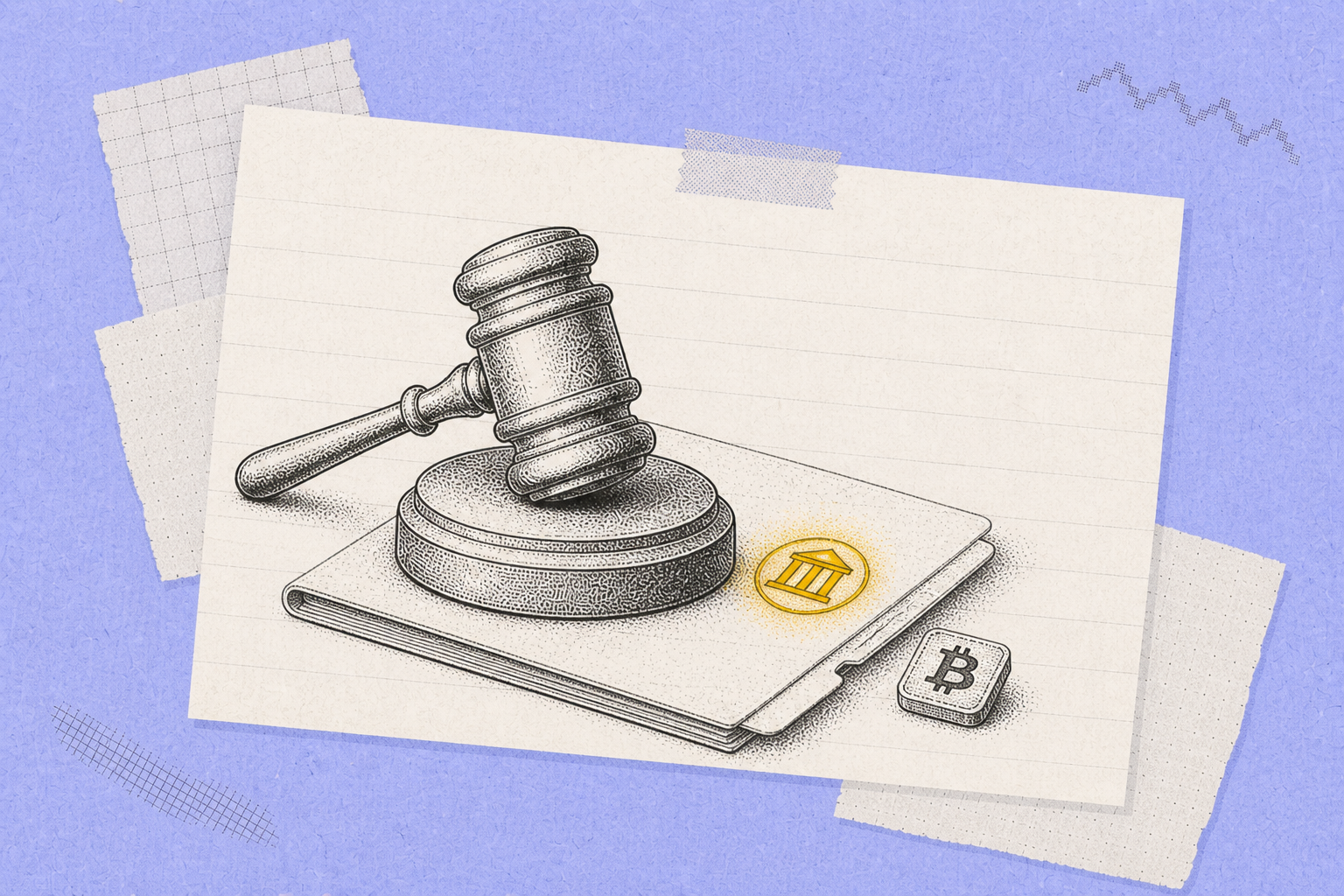 Gavel beside Bitcoin symbol representing regulation and policy
