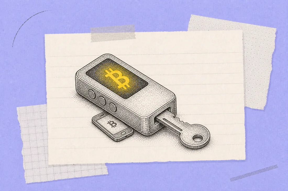 Hardware Bitcoin wallet beside smartphone hot wallet setup