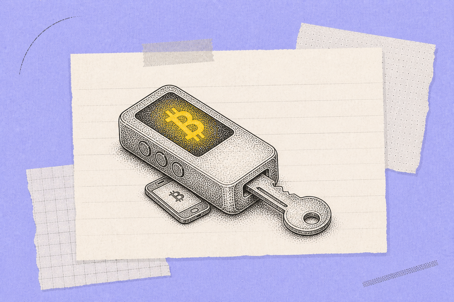 Hardware Bitcoin wallet beside smartphone hot wallet setup