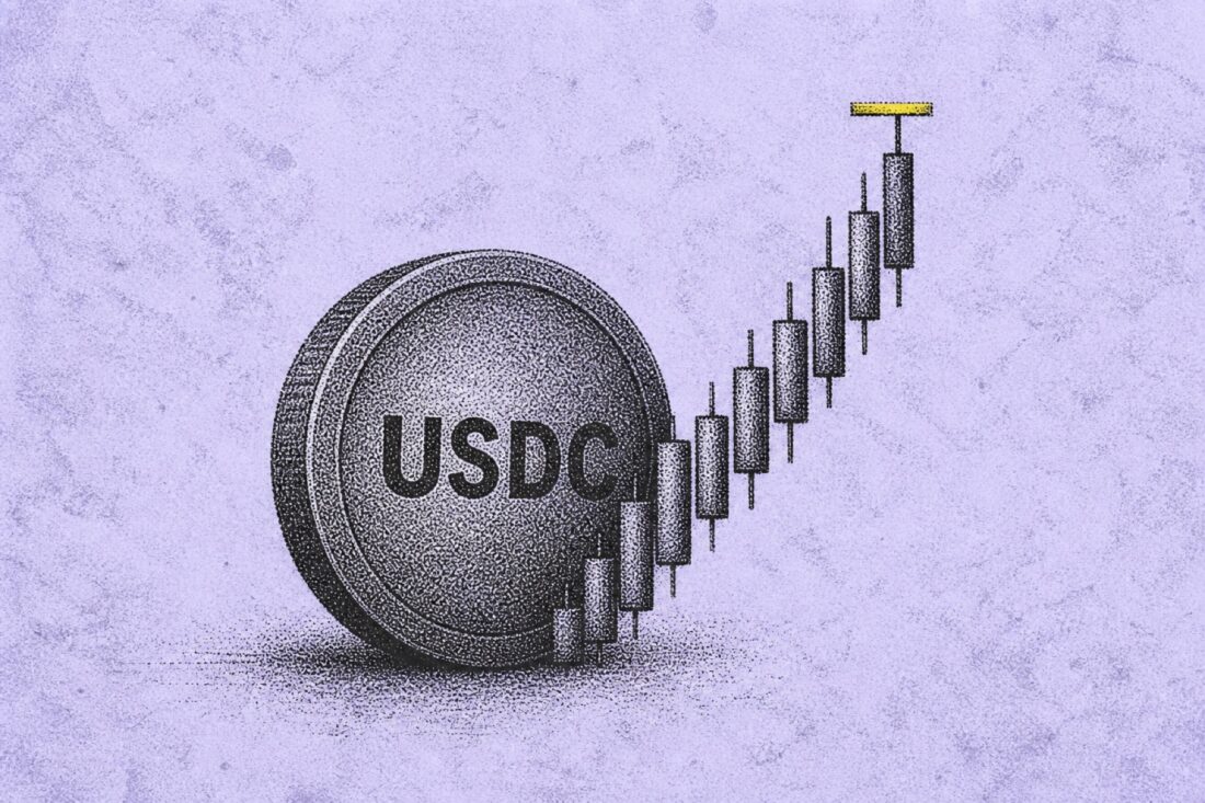 USDC token disc bonded to an ascending candlestick series reaching a price target