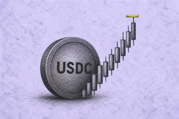 USDC token disc bonded to an ascending candlestick series reaching a price target