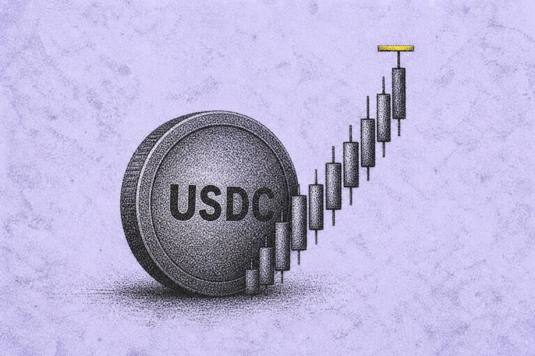 USDC token disc bonded to an ascending candlestick series reaching a price target
