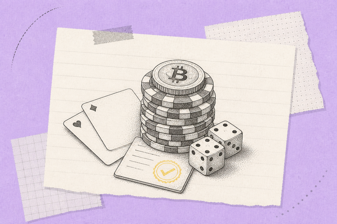 Crypto casino chips and Bitcoin beside licensing checklist card