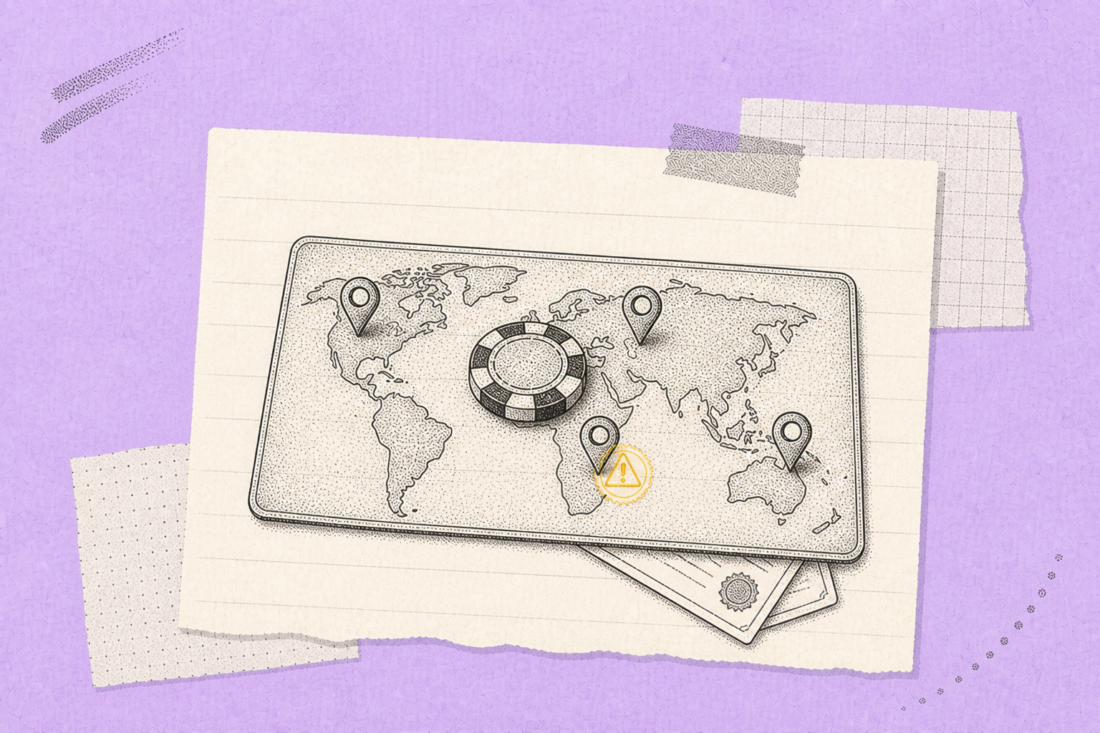 World map highlighting USA Australia Canada South Africa casino rules