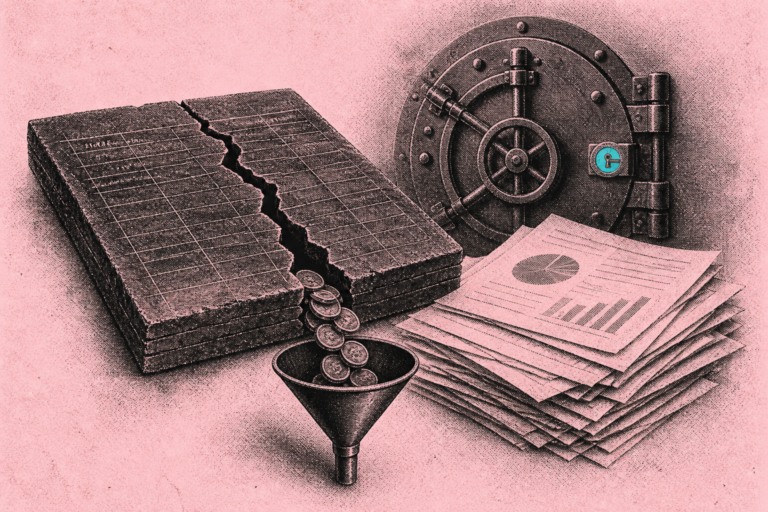 Cracked liquidity pool ledger spilling fake yield chips toward a sealed vault