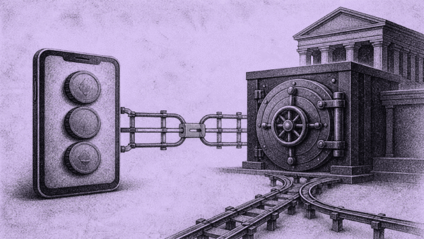 Bank app rail locking onto institutional custody vault with three asset tokens
