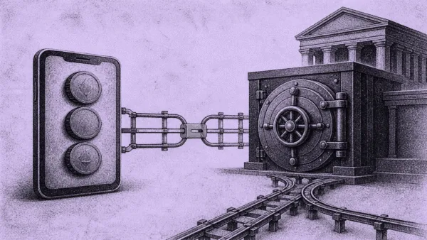 Bank app rail locking onto institutional custody vault with three asset tokens