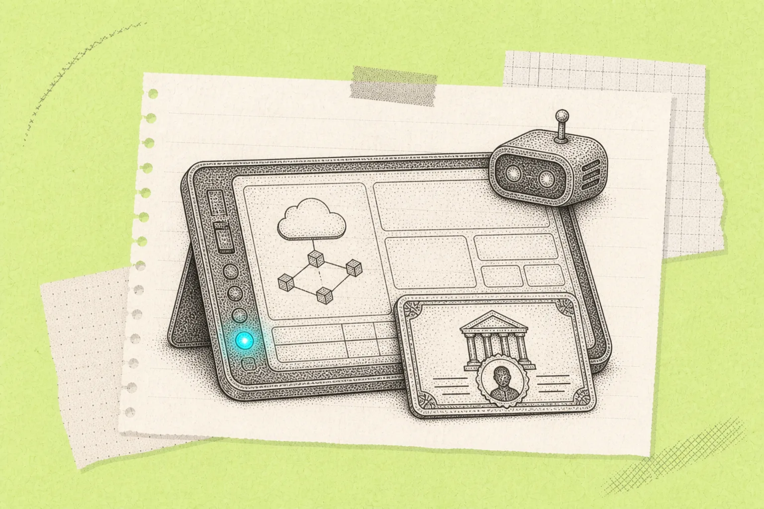 Blockchain technology graphic with tokenization console and AI agents