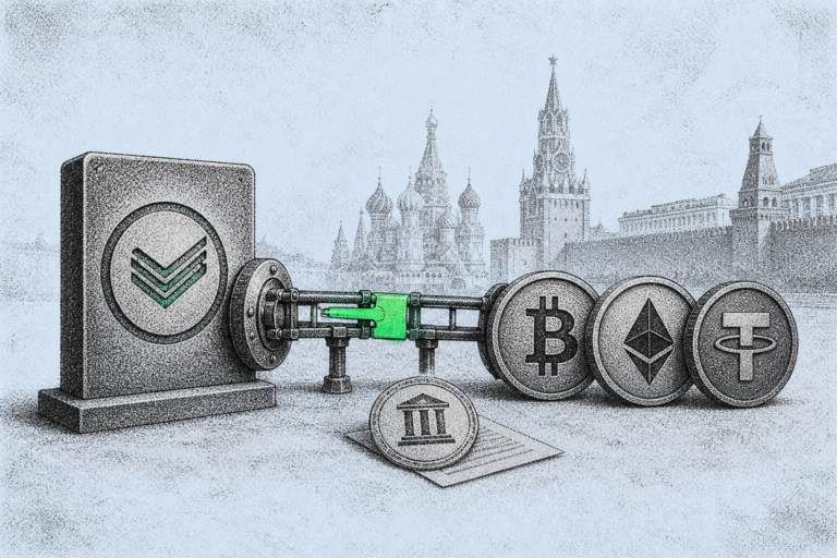 Sberbank logo beside Bitcoin Ethereum and USDT tokens on a collateral lending rail