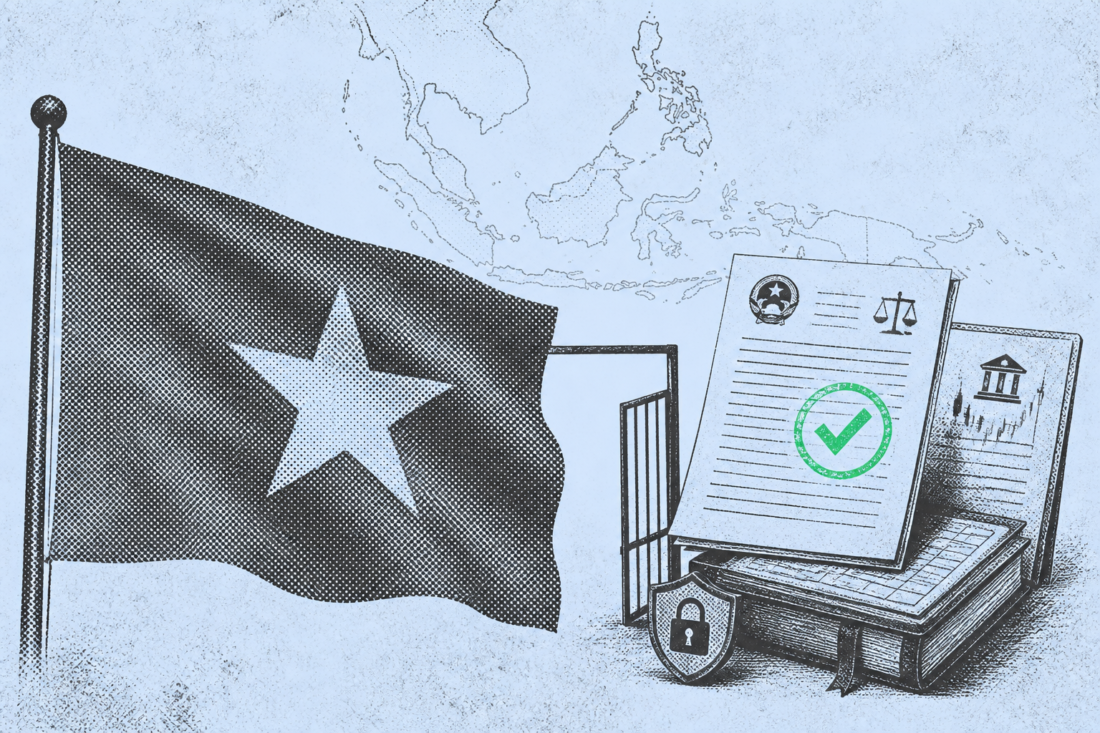 Vietnam flag beside exchange review stamps and capital requirement documents on a licensing desk