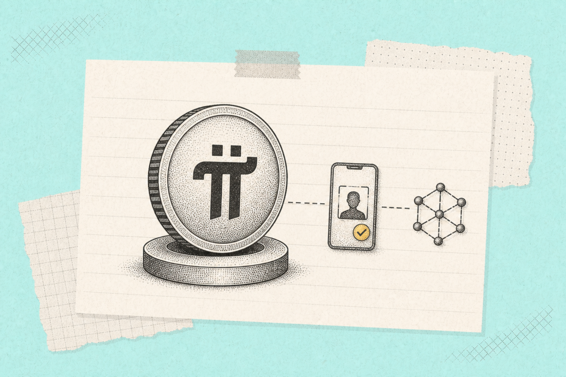 Pi Network app KYC screen next to Pi coin symbol graphic