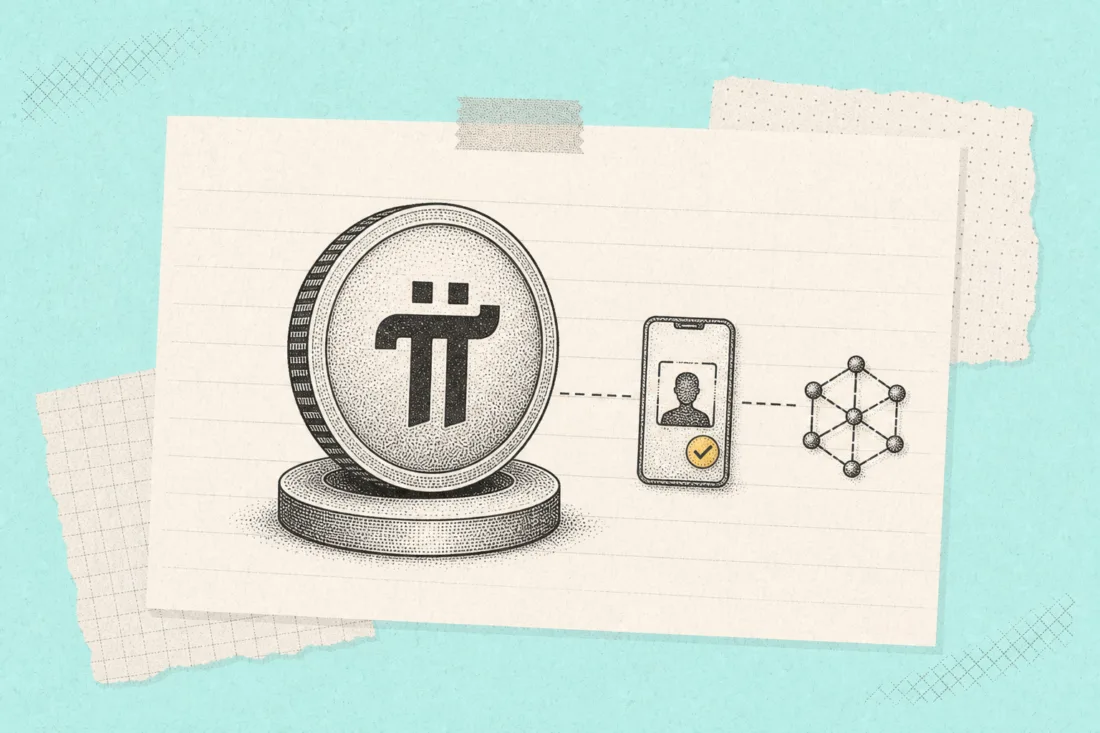 Pi Network app KYC screen next to Pi coin symbol graphic