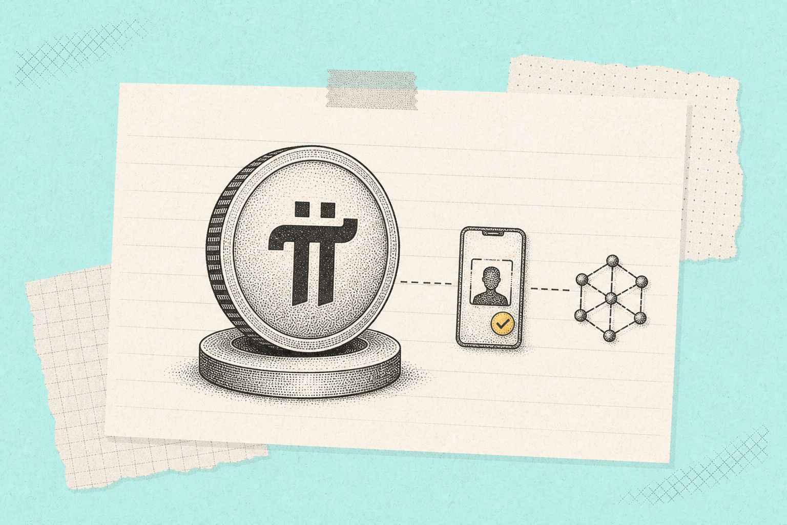 Pi Network app KYC screen next to Pi coin symbol graphic