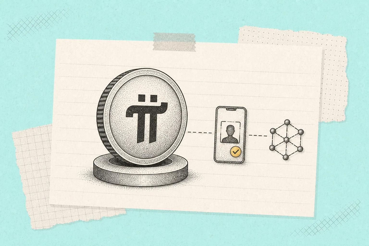 Pi Network app KYC screen next to Pi coin symbol graphic